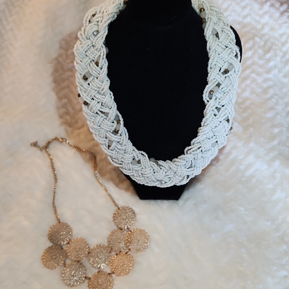 2 For 1 Estate Jewelry Statement Pieces White Beaded And Gold-toned Floral